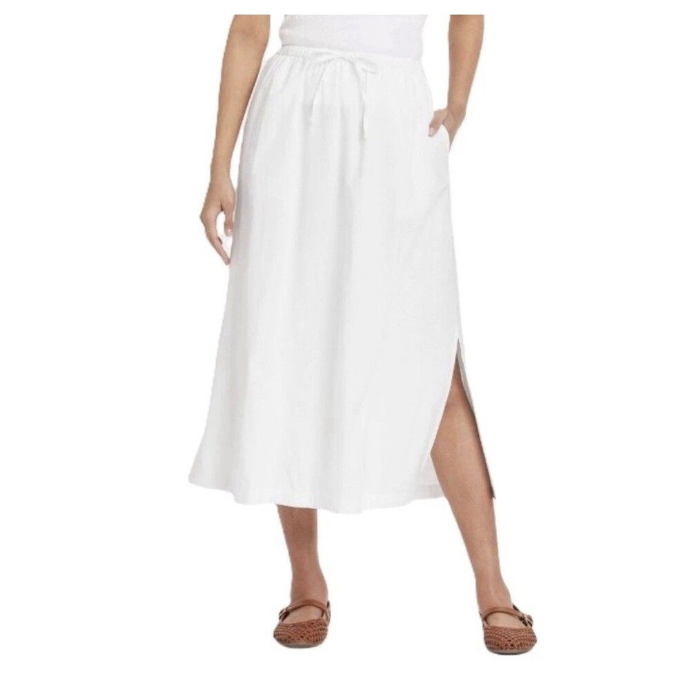 Universal Thread Solid White A-Line Drawstring Waist Midi Skirt -- Large 12/14